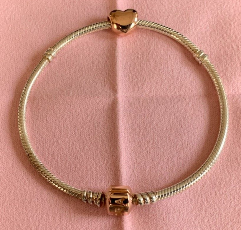 Pandora Rose Gold clasp Silver Bangle Bracelet 21cm 8.3″ 580702 & RG Heart charm