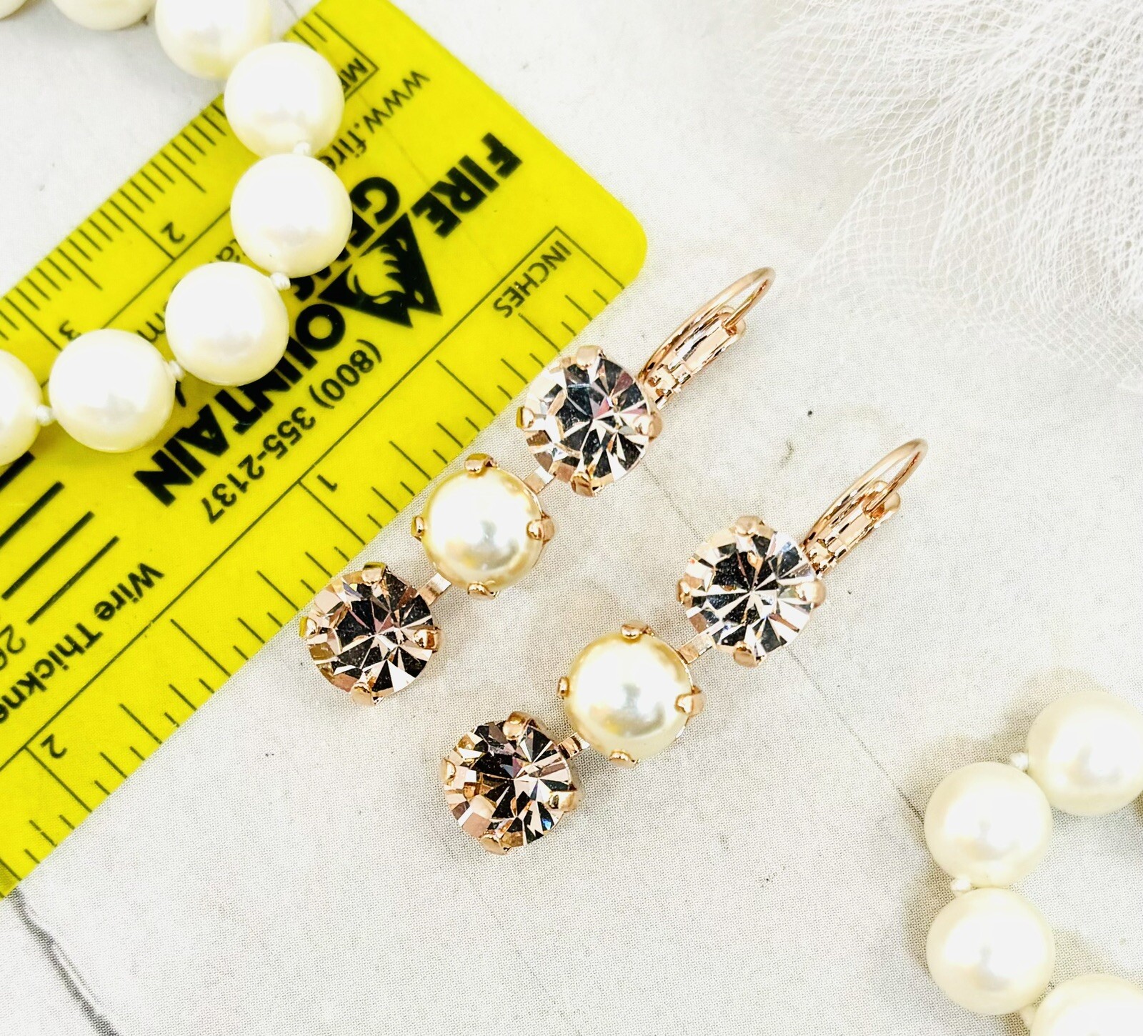 8mm Rose Gold Cream Pearl and Champagne Triple Stone Cup Chain Earring Pair