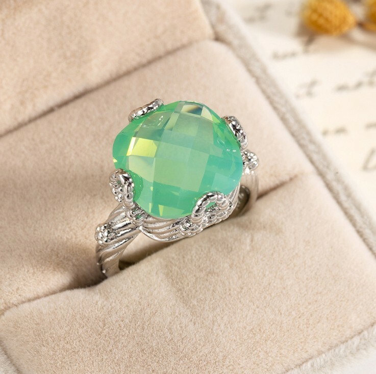 Special Fire Square Green Moonstone Gems Silver Rings Size 6~10 Holiday Gifts