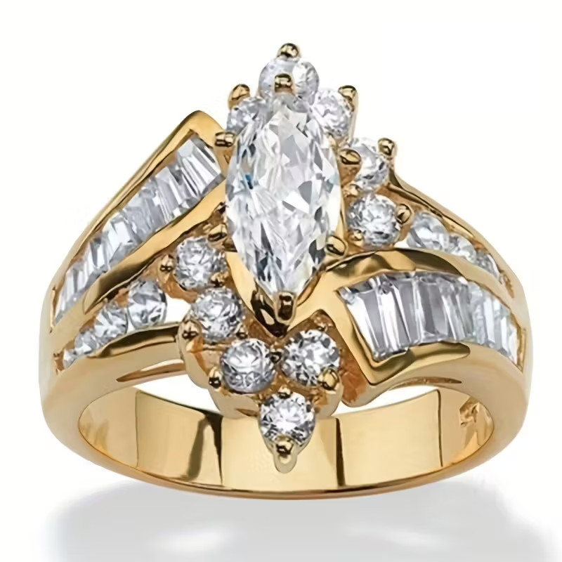 Elegant Marquise Zircon Goldtone Ring Women’s Size 7 Costume Inlay Framed Stones