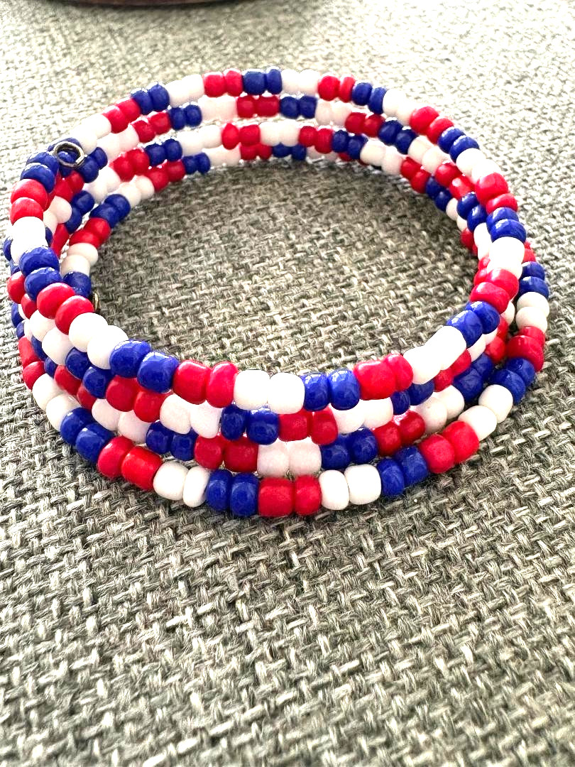 Patriotic Handcrafted Glass Beaded Wrap Bracelet – Red White & Blue