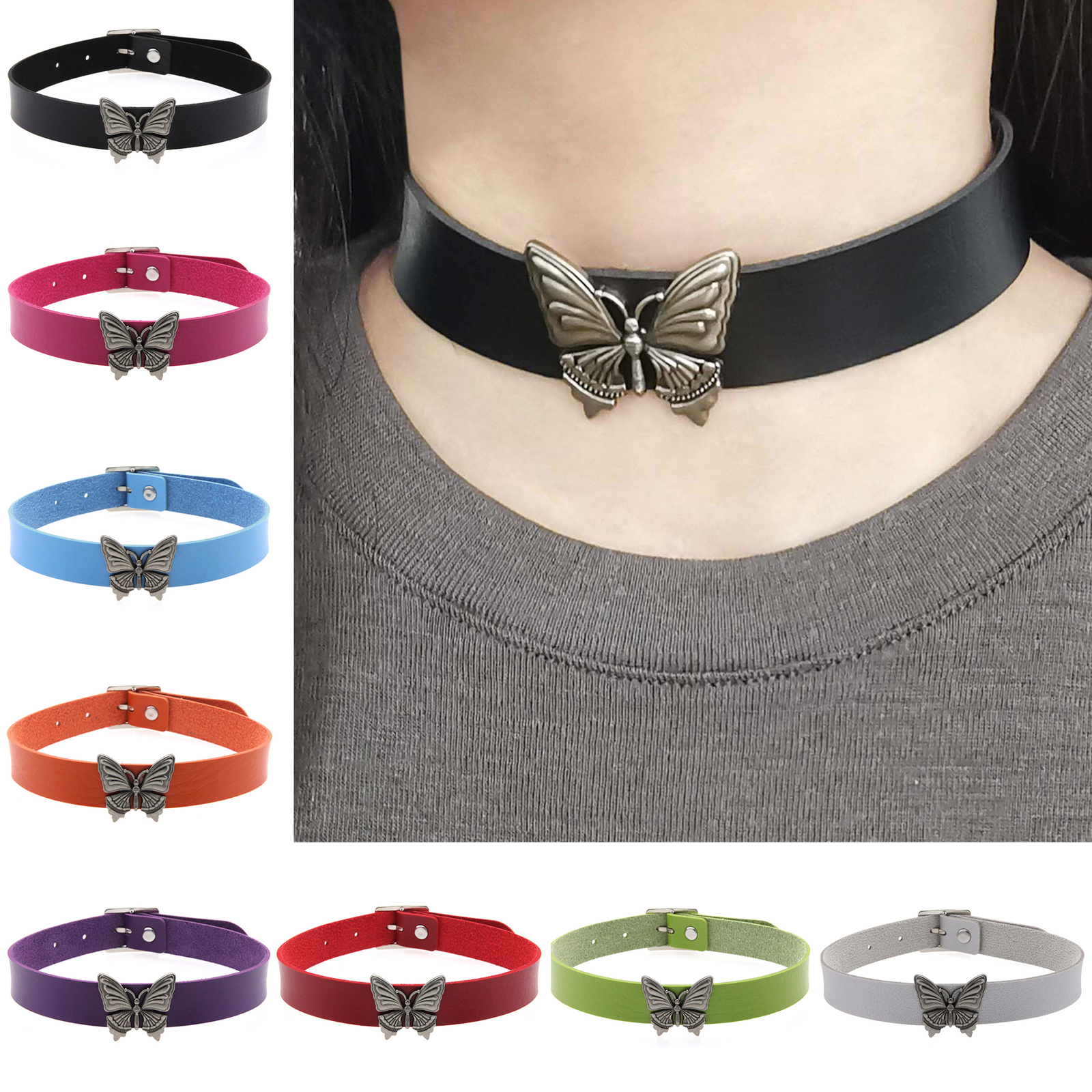 Gothic Butterfly Pendant PU Leather Choker Collar Punk Fashion Jewelry for Girls