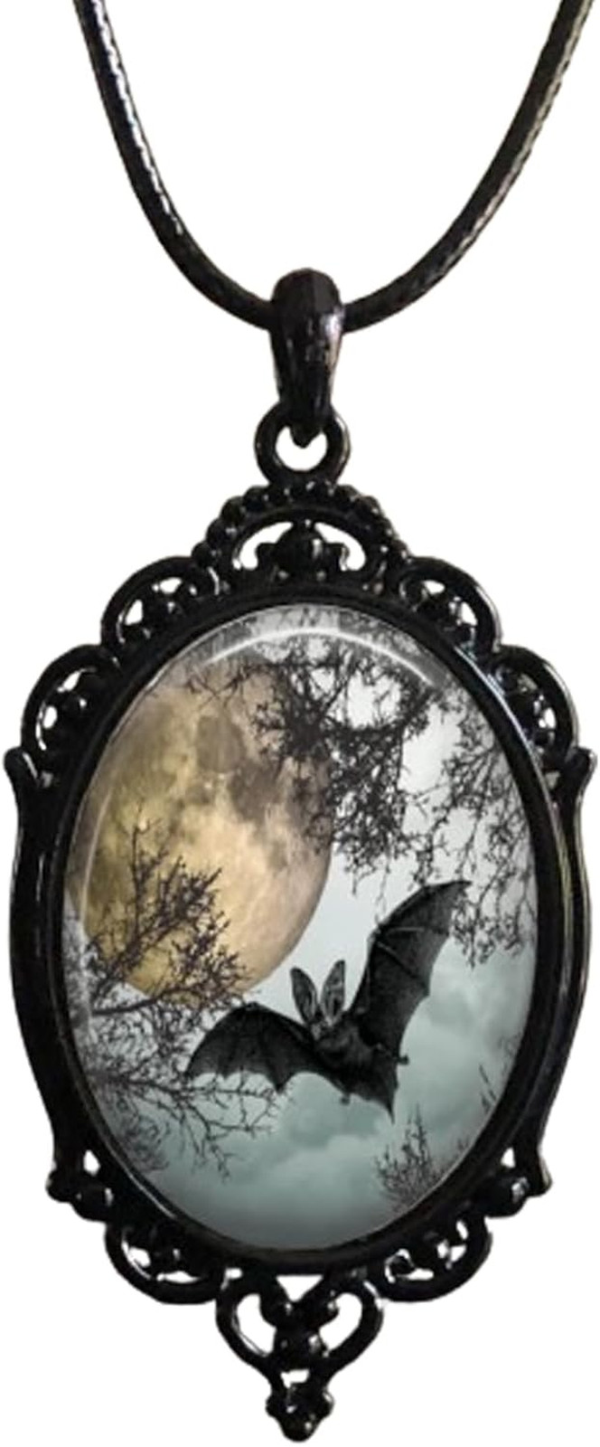 Gothic Halloween Cameo Necklace, Vintage Crystal Glass Witch/Raven/Bat/Tree Pend