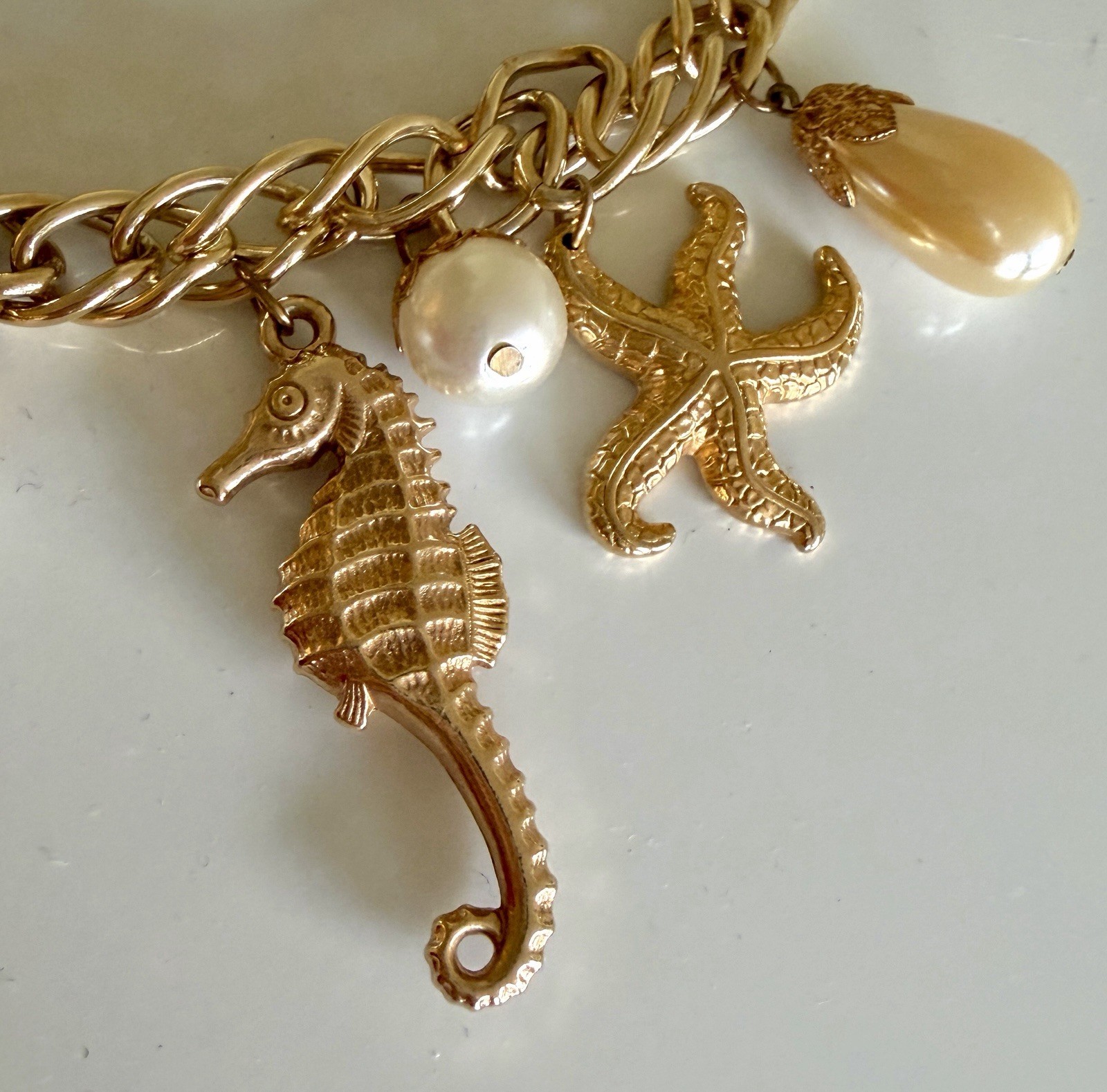 Lovely Beach Sea Life Necklace With Starfish, Sea Horses and Faux Pearls, 16”
