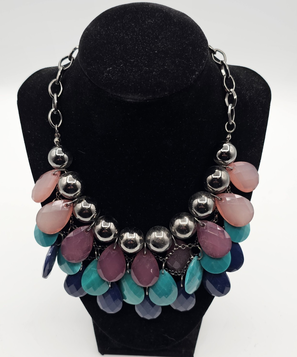 Chunky Silver Tone Bib Necklace Pink Blue Purple Faceted Teardrop Beads
