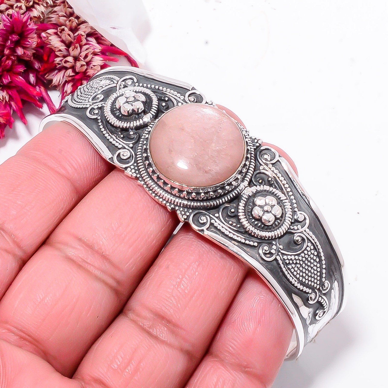 Peach Moonstone – Sri Lanka 925 Sterling Silver Bali Cuff|C968458446