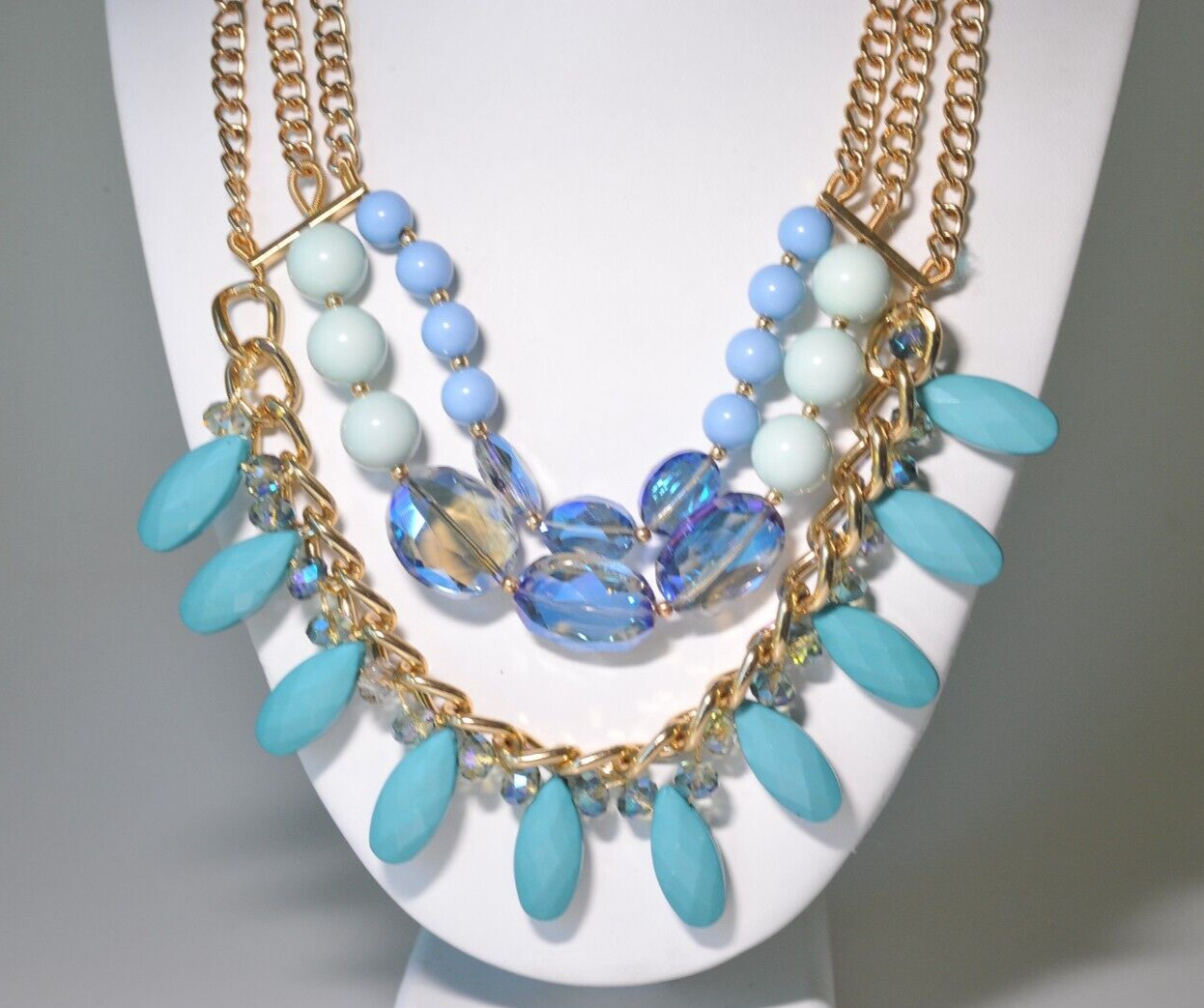 TALBOTS gold tone BLUE ab turquoise LAYERED NECKLACE Statement N4