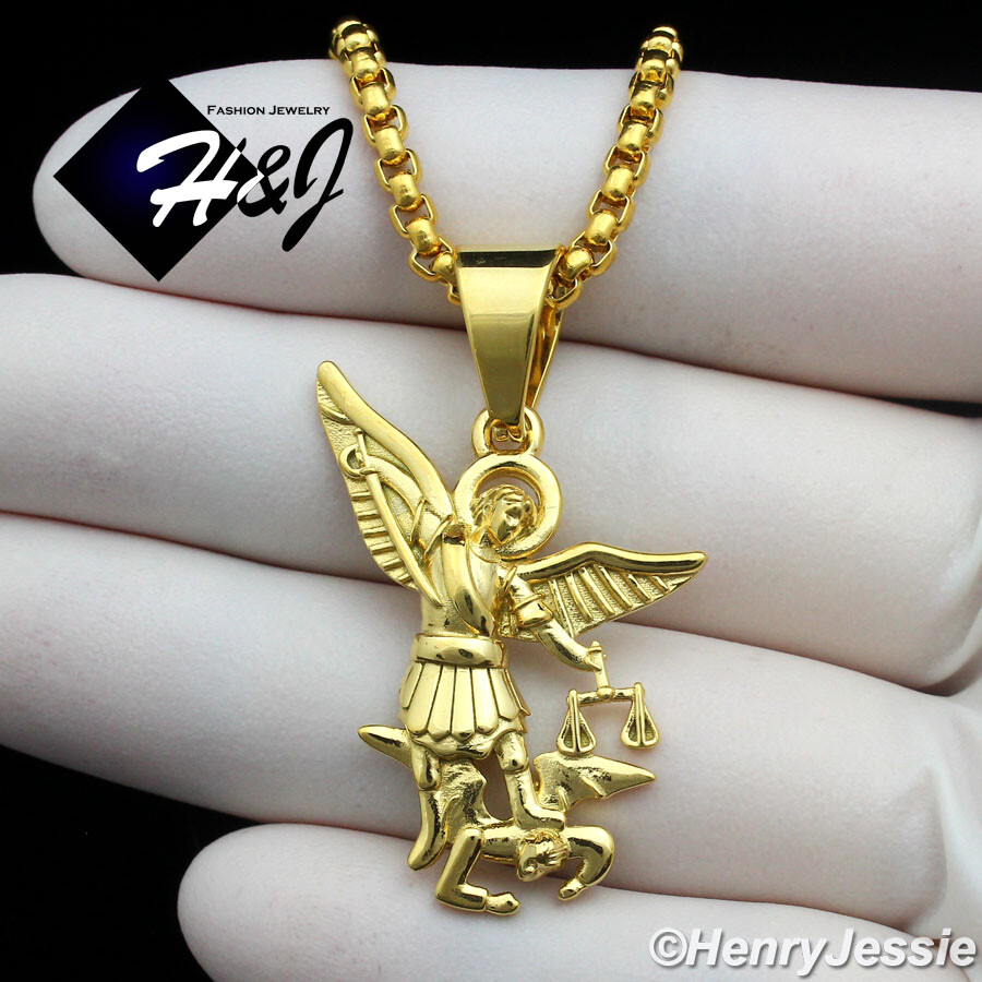 18″-36″Stainless Steel 3mm Gold Plated Box Chain Necklace St Michael Pendant*144