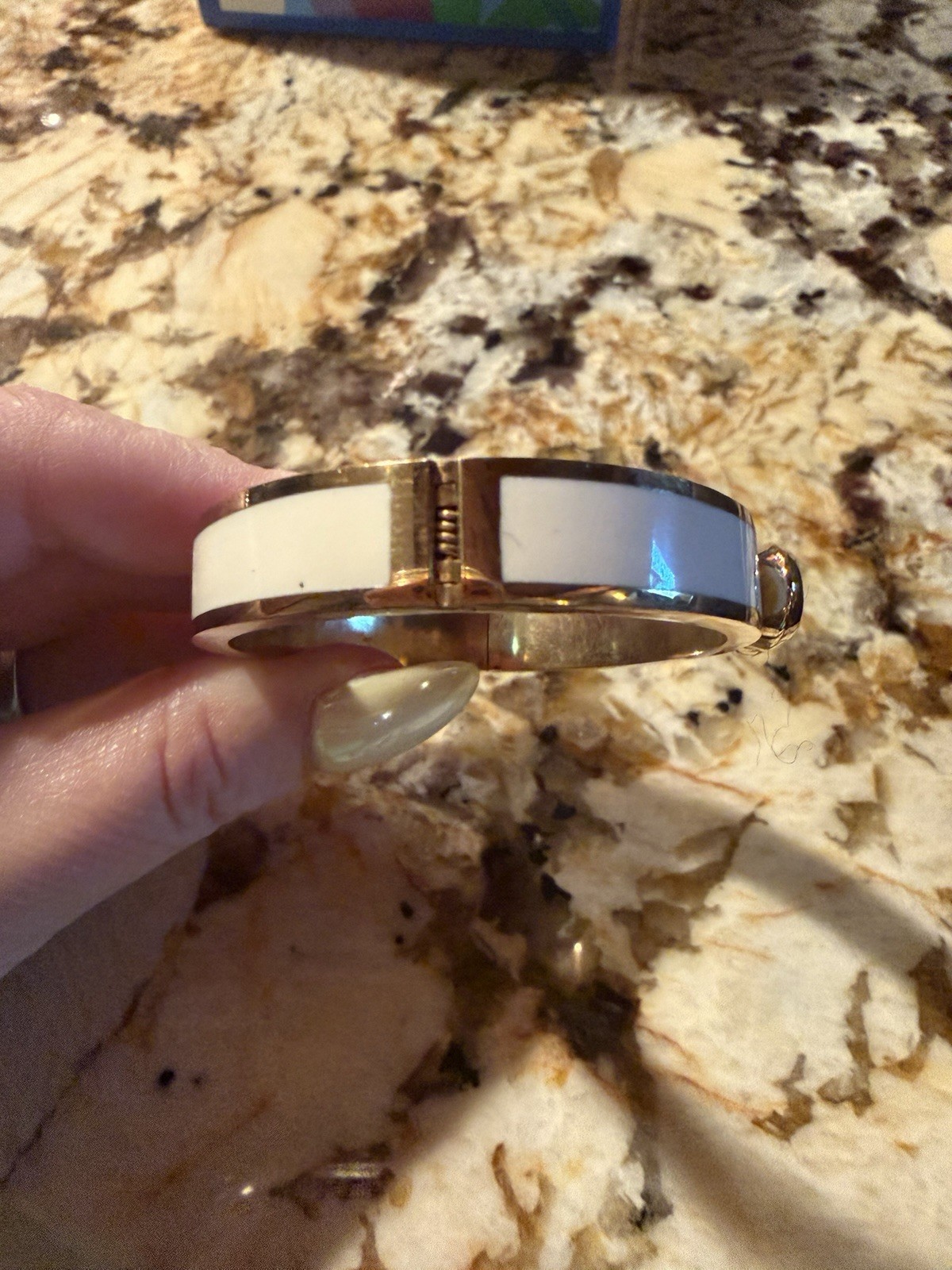 Coach Signed Gold Tone White Enamel Hinged Bangle Cuff Bracelet No Stone
