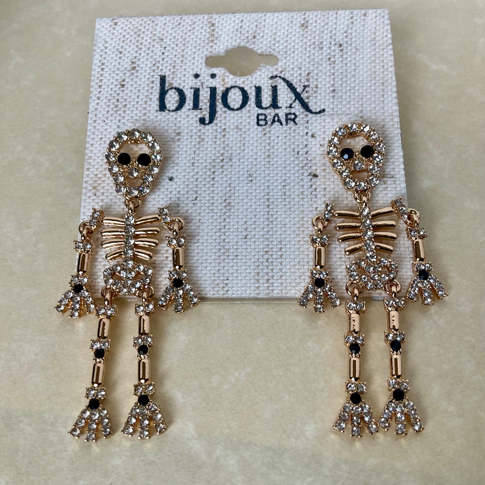 Skeleton Dangle Earrings Gold Tone Rhinestones Articulating Bijoux Bar