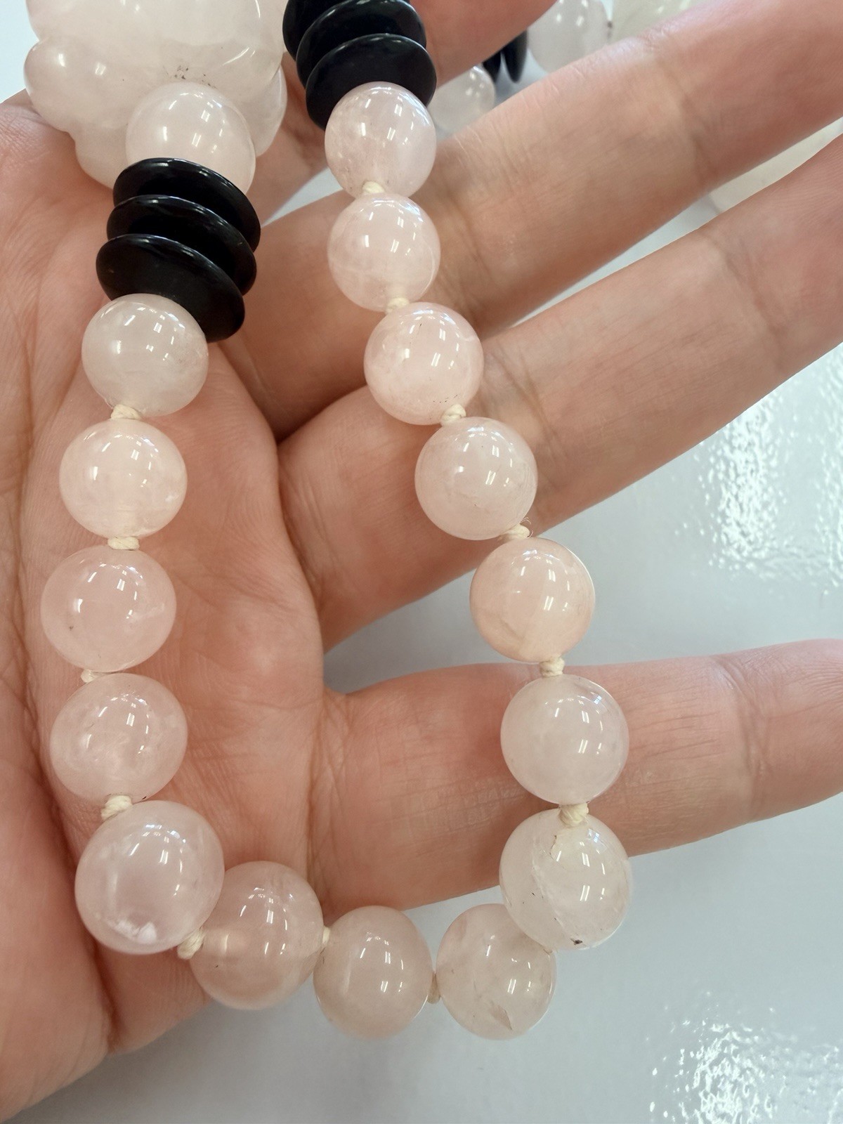 Statement Long Rose Quartz Style Necklace Black Disc Carved White Beads 35in