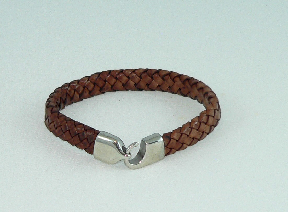 Men’s Flat Braided Brown Leather Bracelet with Stainless Steel Clasp, 7-10″