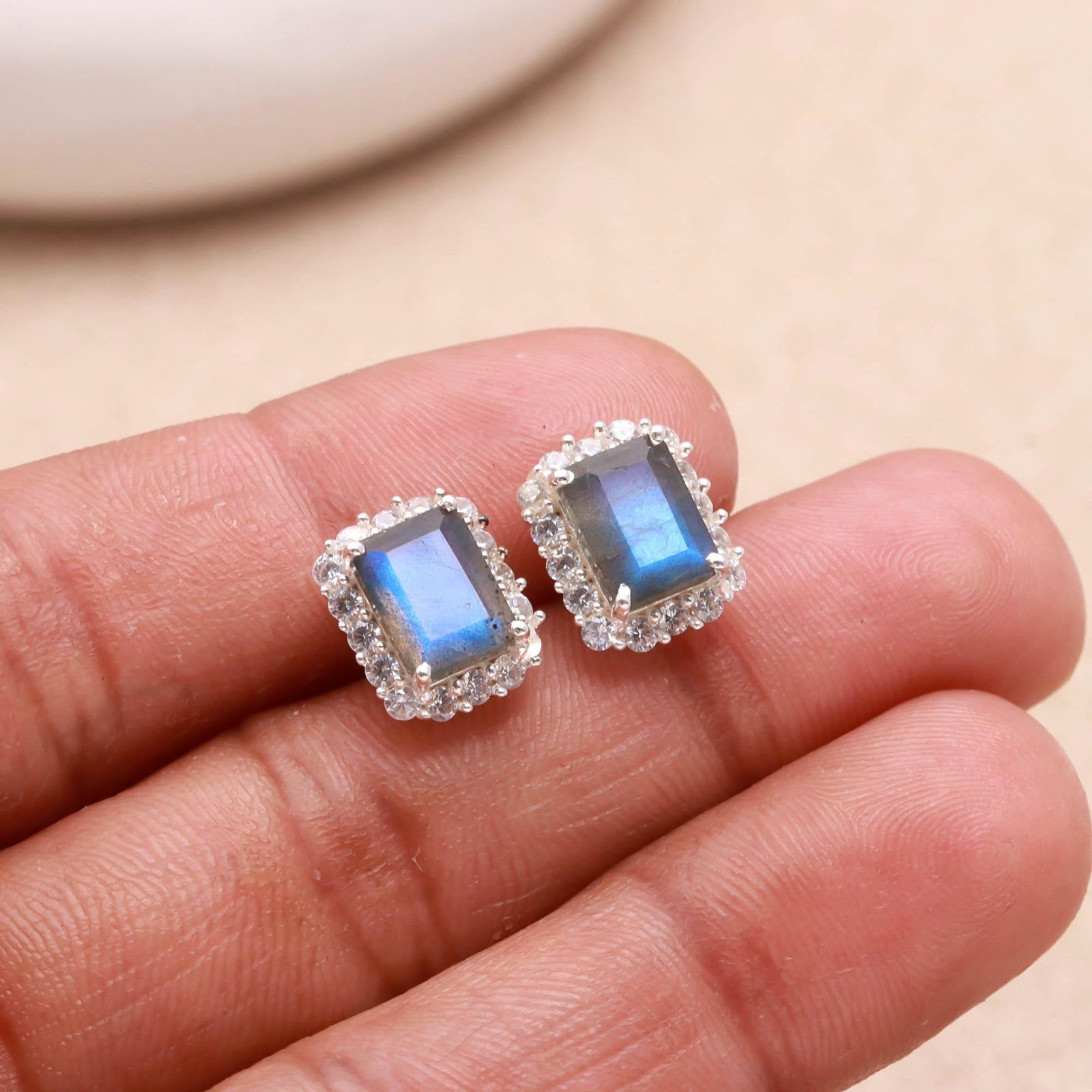 Natural Labradorite Octagon Stud Earrings 925 Sterling Silver Moissanite Jewelry