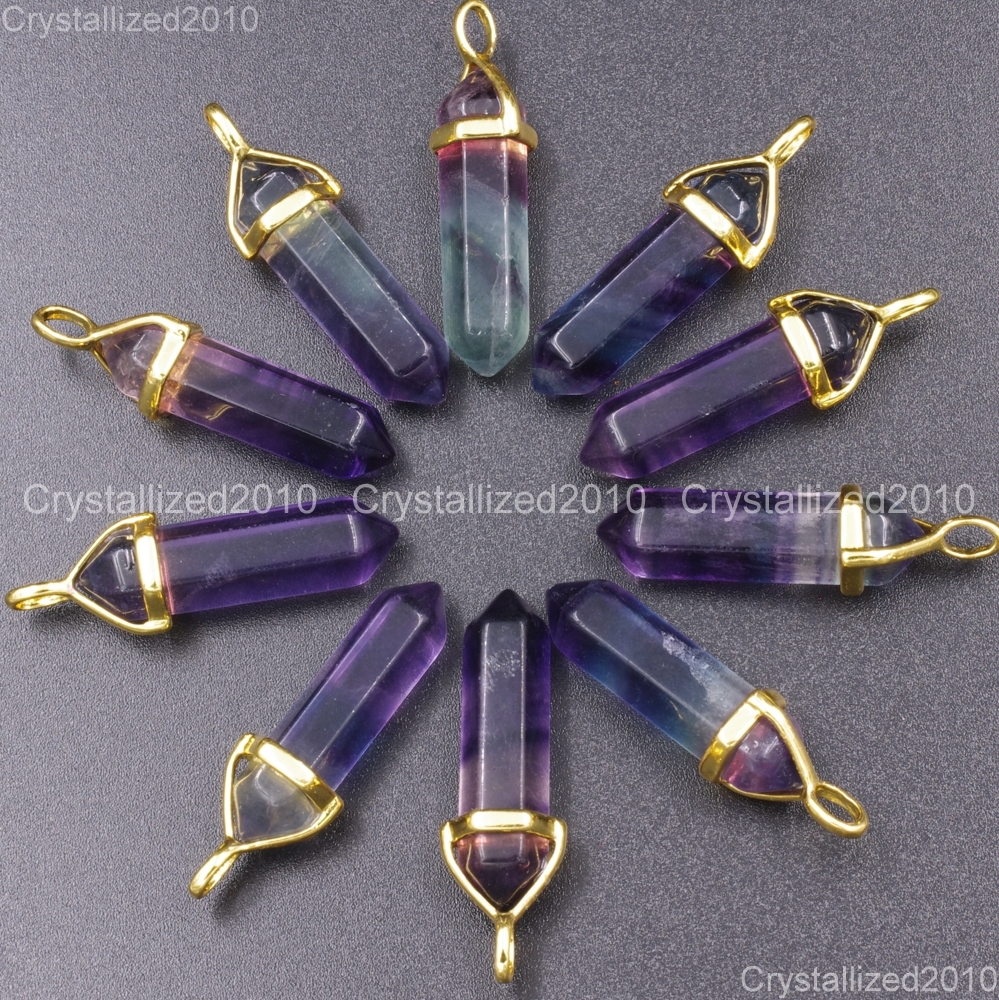 Natural Gemstone Multi-Colored Fluorite Hexagonal Pointed Healing Pendant Beads