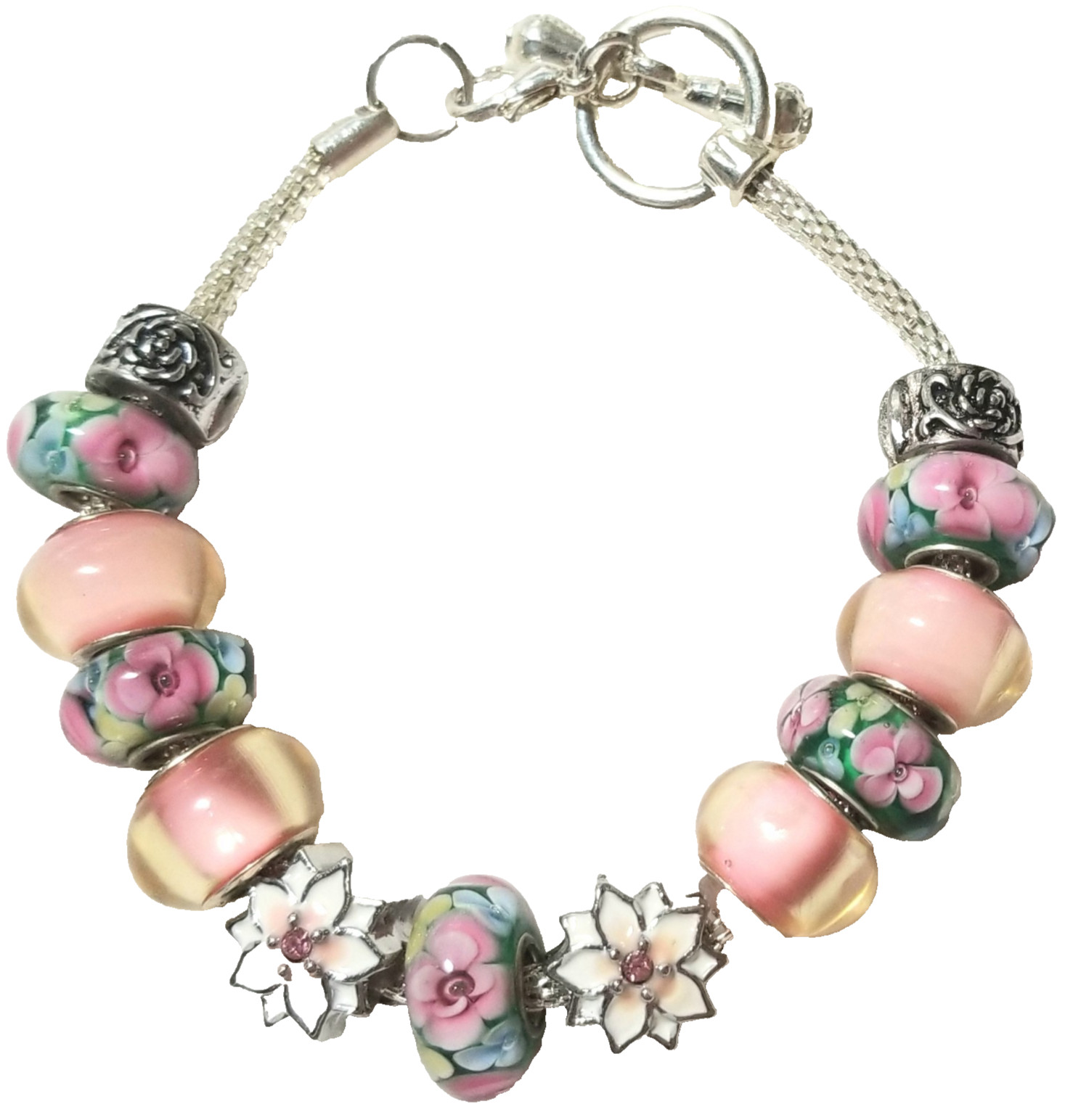 8″ FLOWER SLIDER CHARM EUROPEAN LAMPWORK GLASS BEADS RHINETONE SPACERS BRACELET
