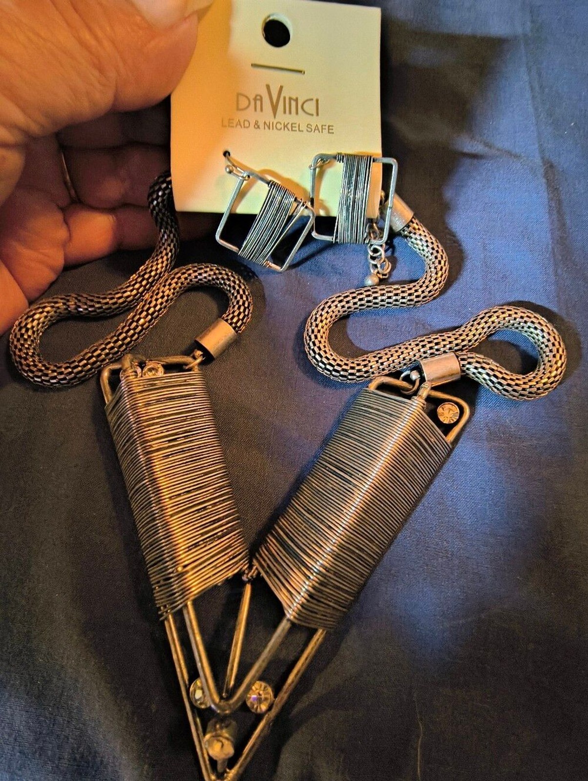 DaVinci Geometric Necklace Earrings Set Gunmetal Wire Wrap Statement Jewelry NWT