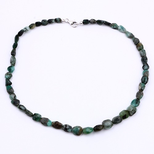 Natural Emerald Faceted Tumble Beaded Necklace 45cm 925 Silver Rhodium
