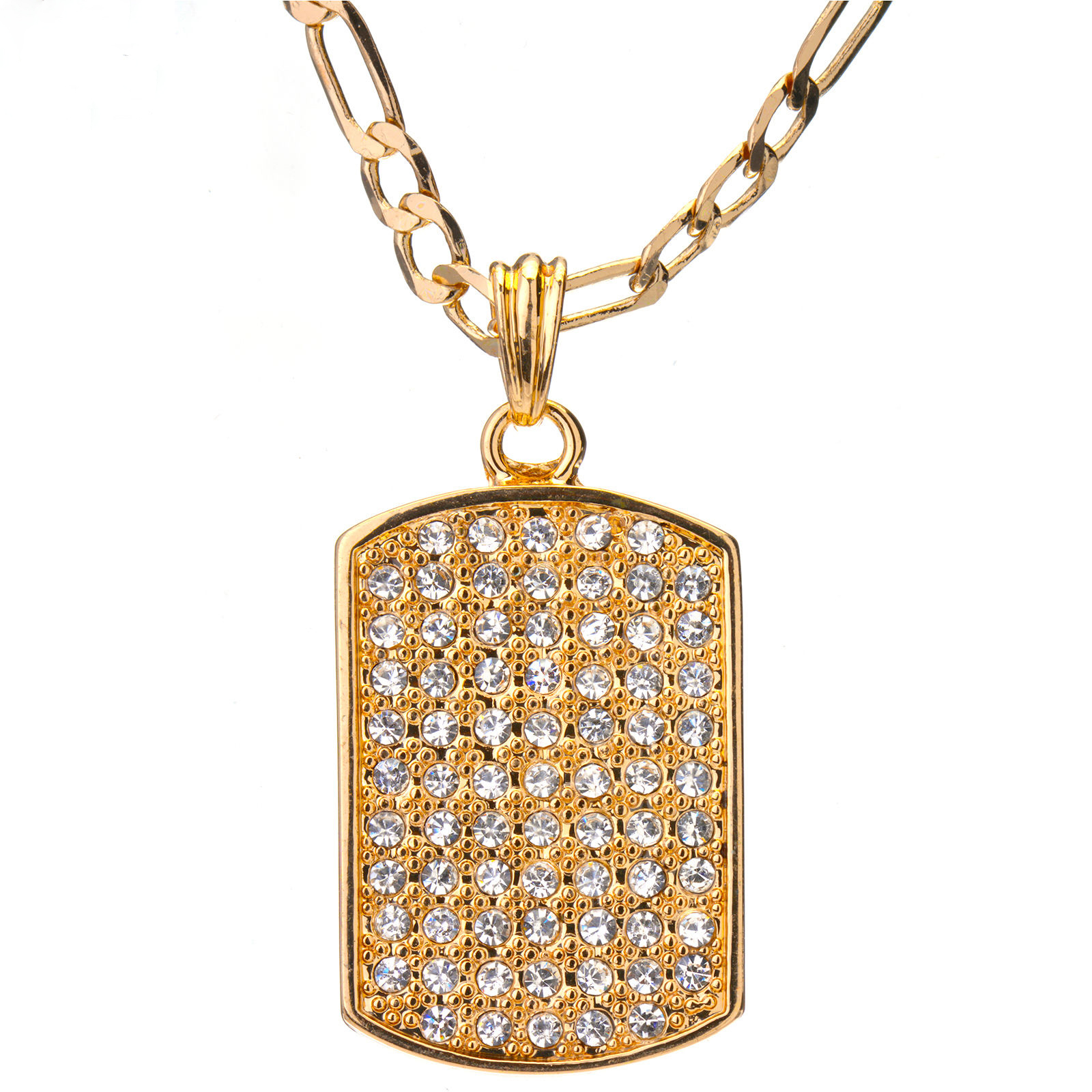 Mens Iced Dog Tag Hip Hop w/ 5mm 24″ Figaro Chain Pendant Fashion Necklace Set