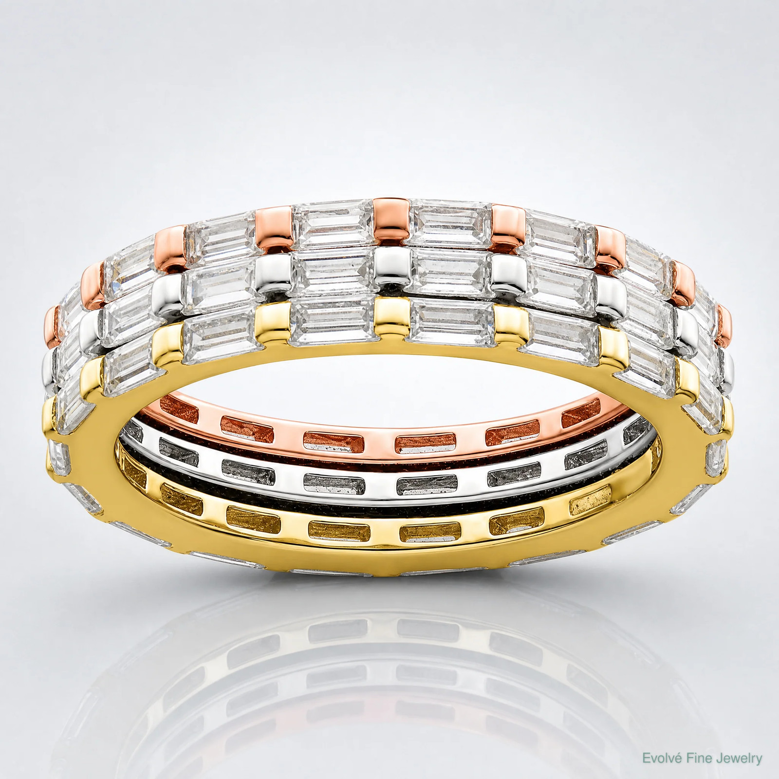 Sterling Silver Rose & Gold-Tone Baguette CZ Eternity 3 Band Set