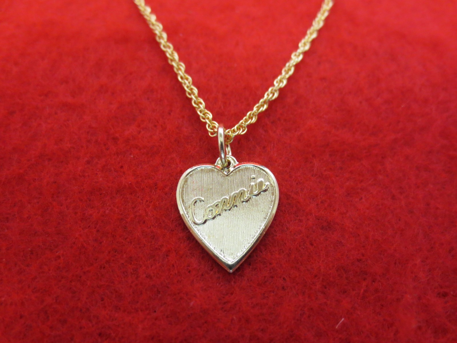 14 kt GOLD PLATED PLATED HEART SHAPED CONNIE NAME & 7 ” TO 30″ ROPE CHAIN