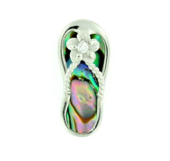 Solid 925 Sterling Silver Natural Abalone Shell Women’s Flower Flip Flop Pendant