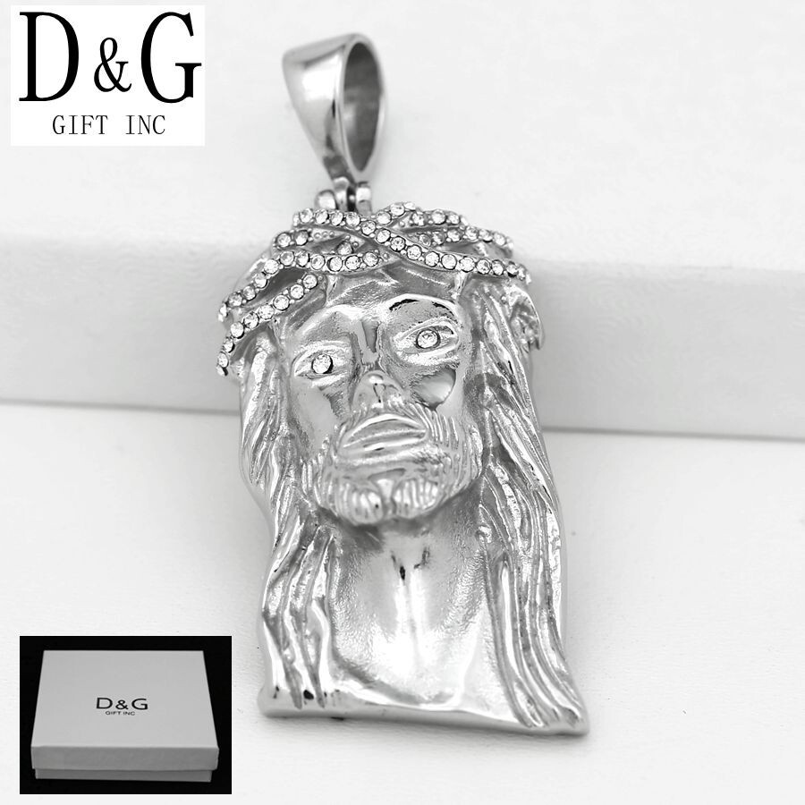 DG Men’s Stainless Steel Silver JESUS Face CZ 53mm medium High Polish*Box