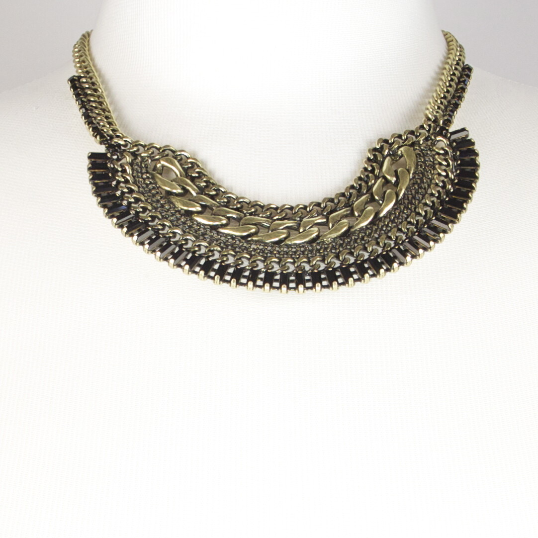 FASHION WIDE CHOCKER NECKLACE 18 INCHES GOLD CHAIN ANTIQUE PLATING BLACK CRYSTAL
