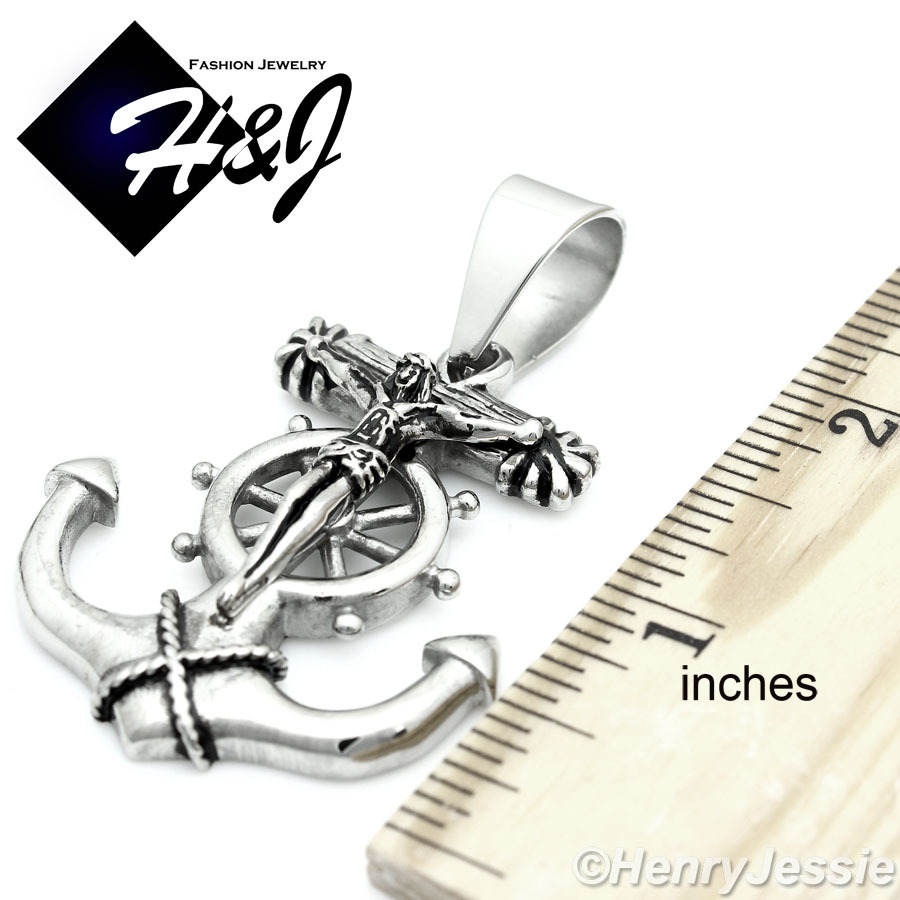 18-36″Stainless Steel 5mm Silver Cuban Curb Necklace Anchor Cross Pendant*P58