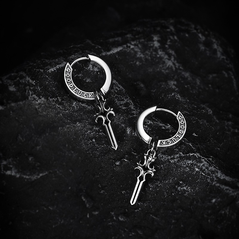Men’s Fashion Ear Studs Hip-hop Pendant Earrings GOOD LUCK Sword Earrings