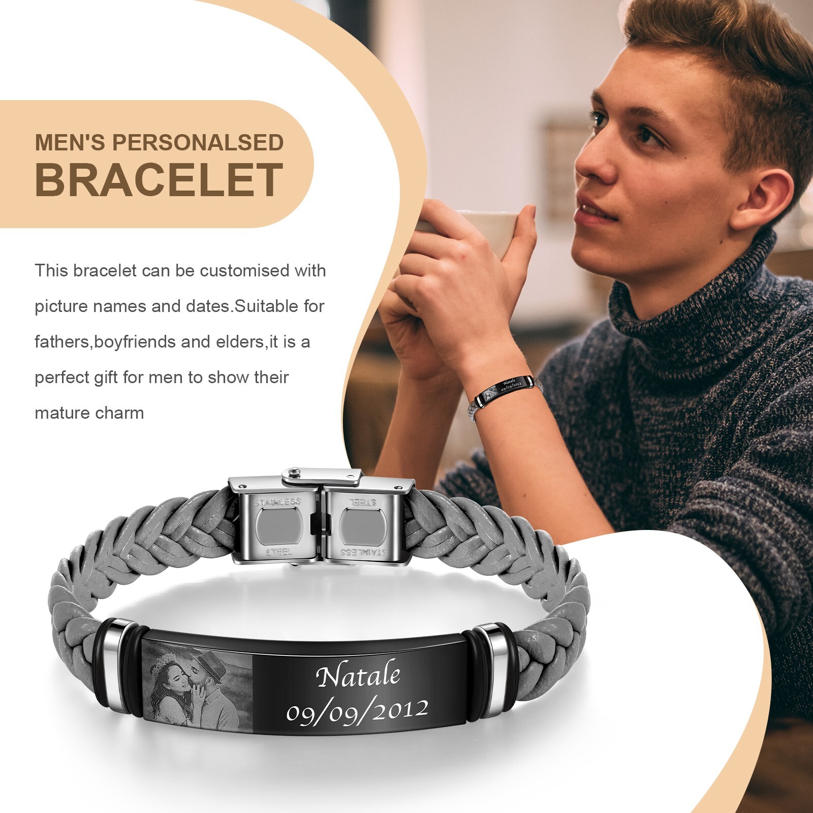 Custom Engraved Photo Bracelet – Engrave Name/Date Choice: Black, Brown or Gray