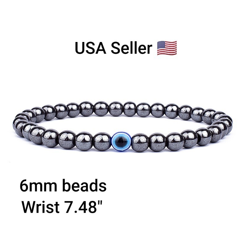 Fashion 6mm Natural Stone Beads Evil Eye Bracelet Handamde Hematite Turkish Evil