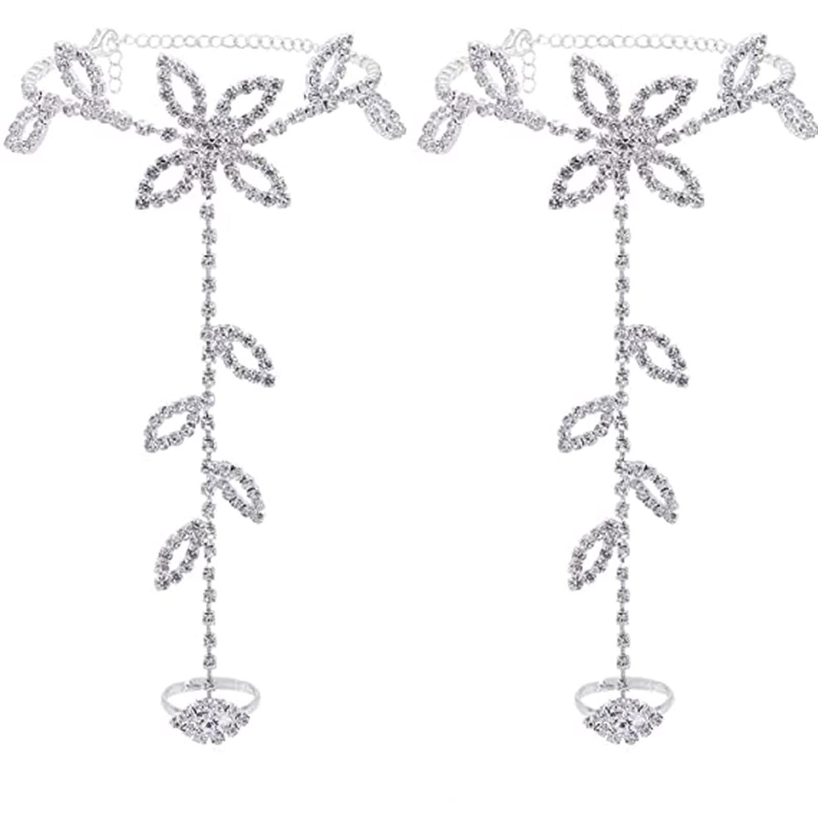 Riymusry 1Pair Summer Beach Rhinestone Leaf Barefoot Sandals Foot Chain with …