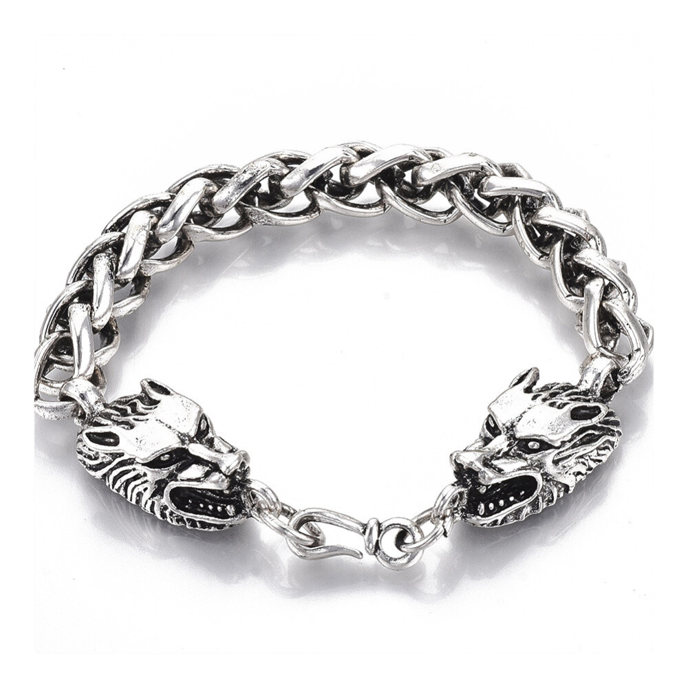 Men’s Alloy Wheat Chain Bracelet Dragon Antique Silver 8.8″ 22.5cm Z253