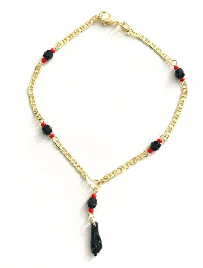 18K GOLD FILLED AZABACHE ANKLET 10″ LONG / TOBILLERA MANO AZABACHE 10″ – A22