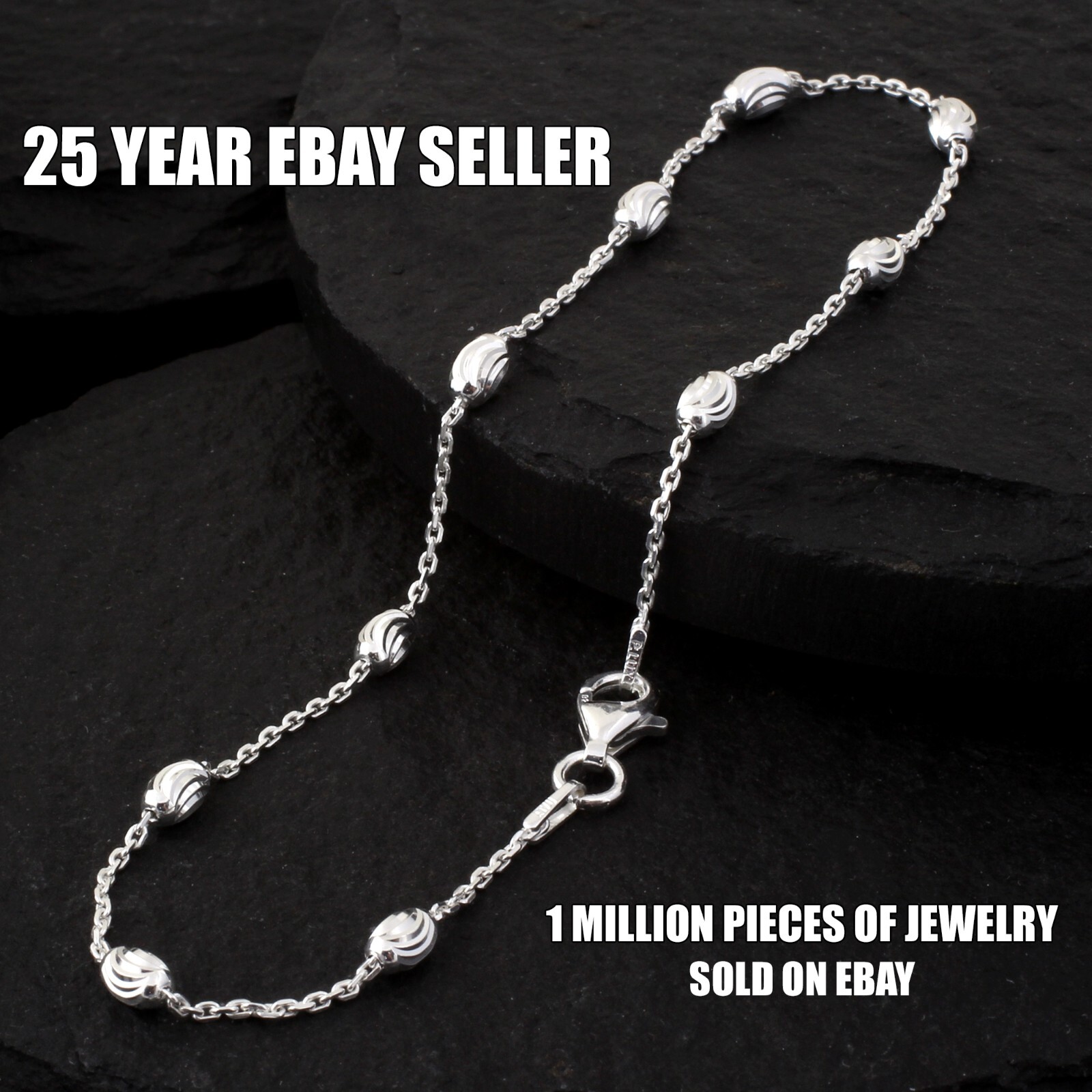 Real 925 Sterling Silver Oval Moon Bead Anklet Ankle-Child Bracelet / Necklace