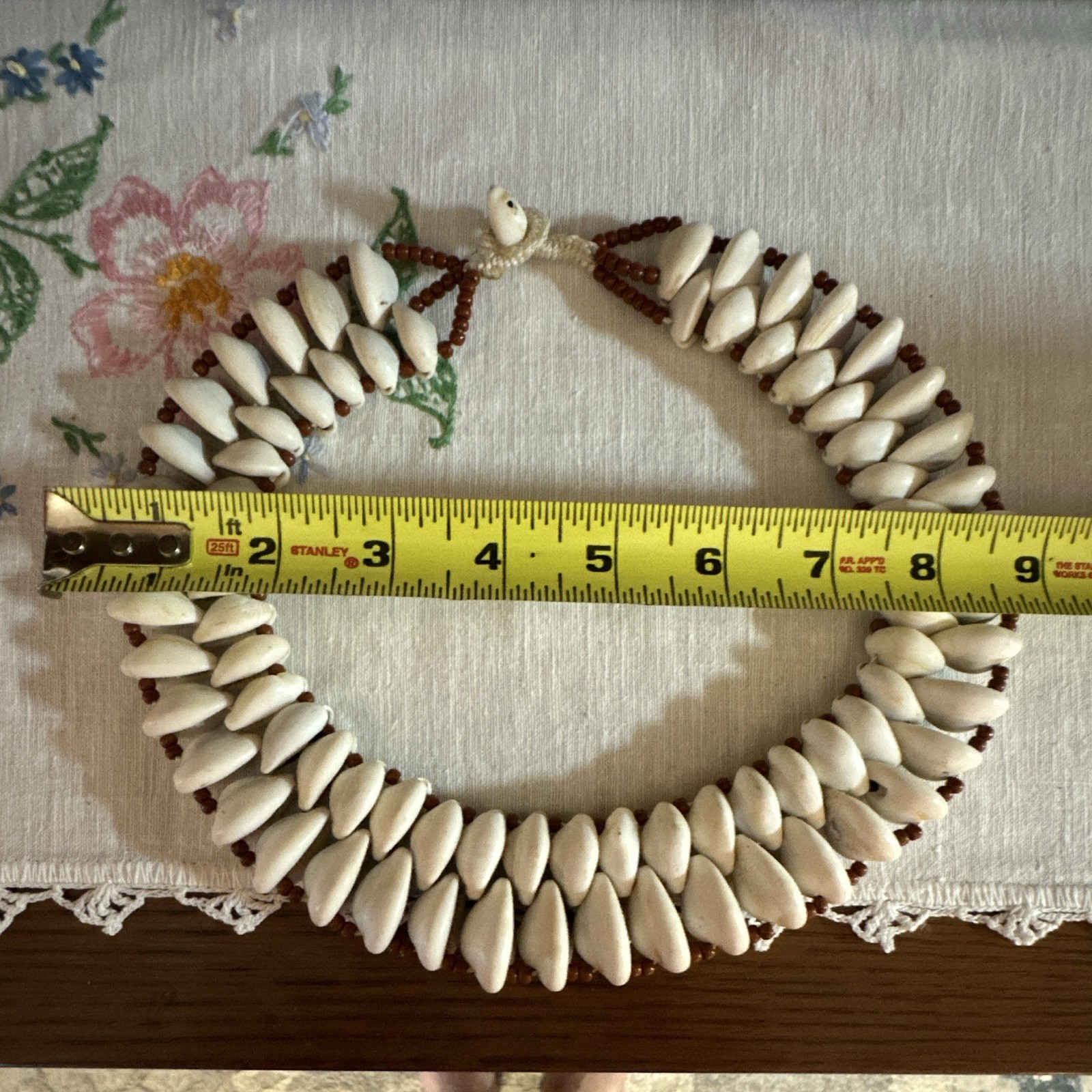 White Natural Shell Beaded Bib Statement Necklace, Brown Accents, Button