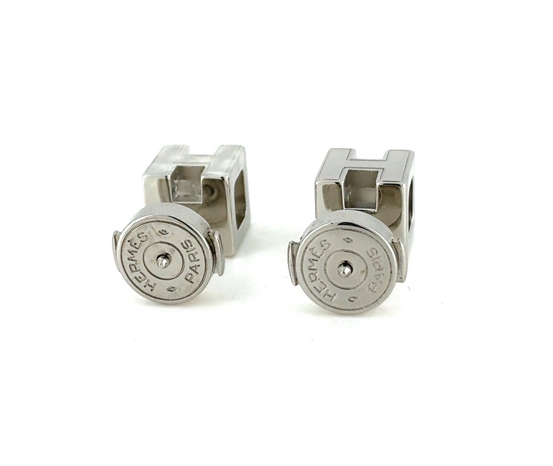 Hermes H Cube Square Stud Earrings Pair Silver Tone Black Enamel