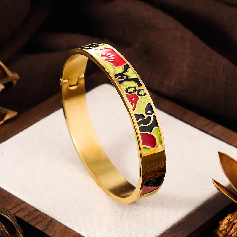 Stainless Steel Enamel Cuff Bangle Women Gold Tone Geometric Round Jewelry