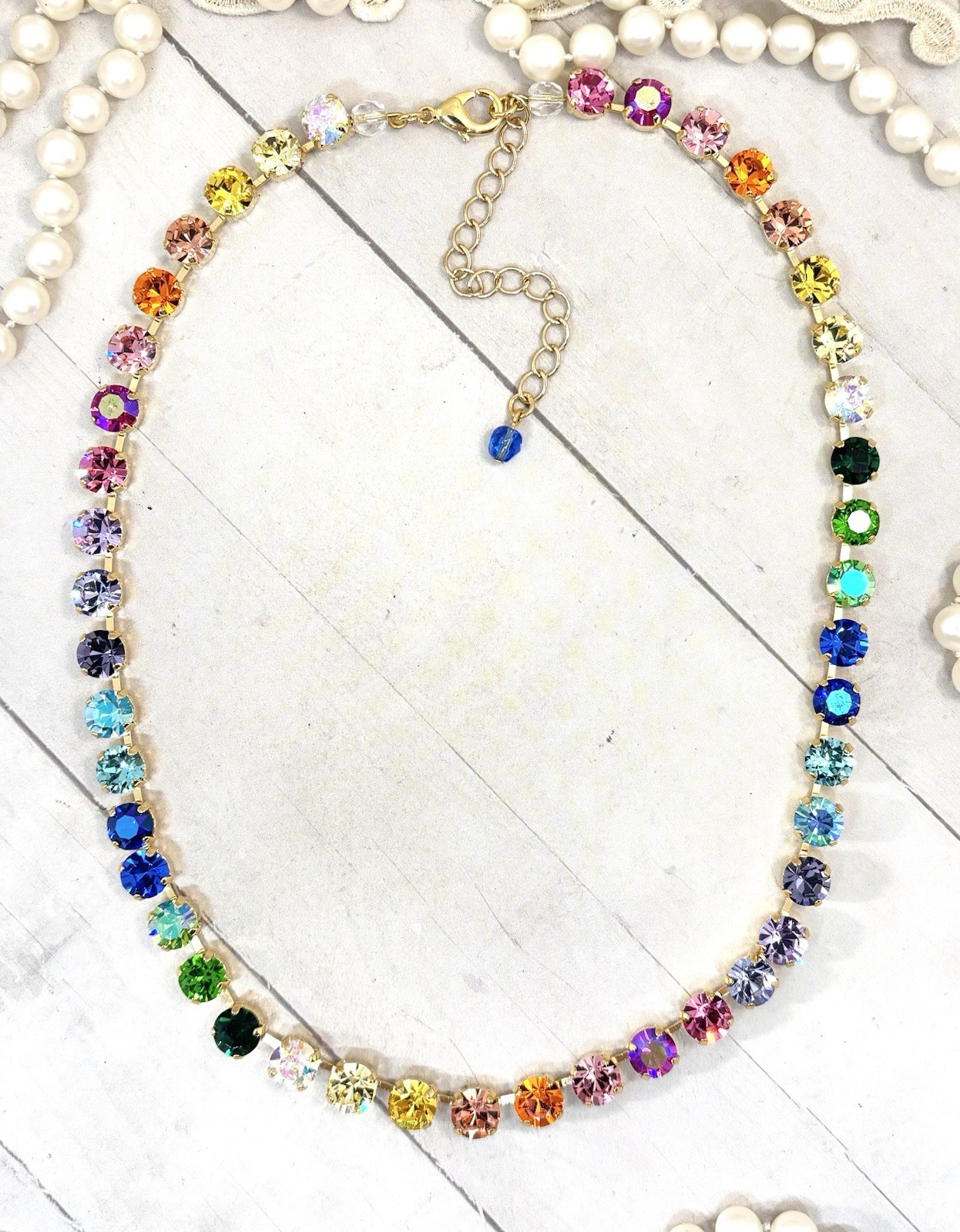 Yellow Gold Plated 44 Stone Pastel Rainbow Cup Chain Crystal Tennis Necklace