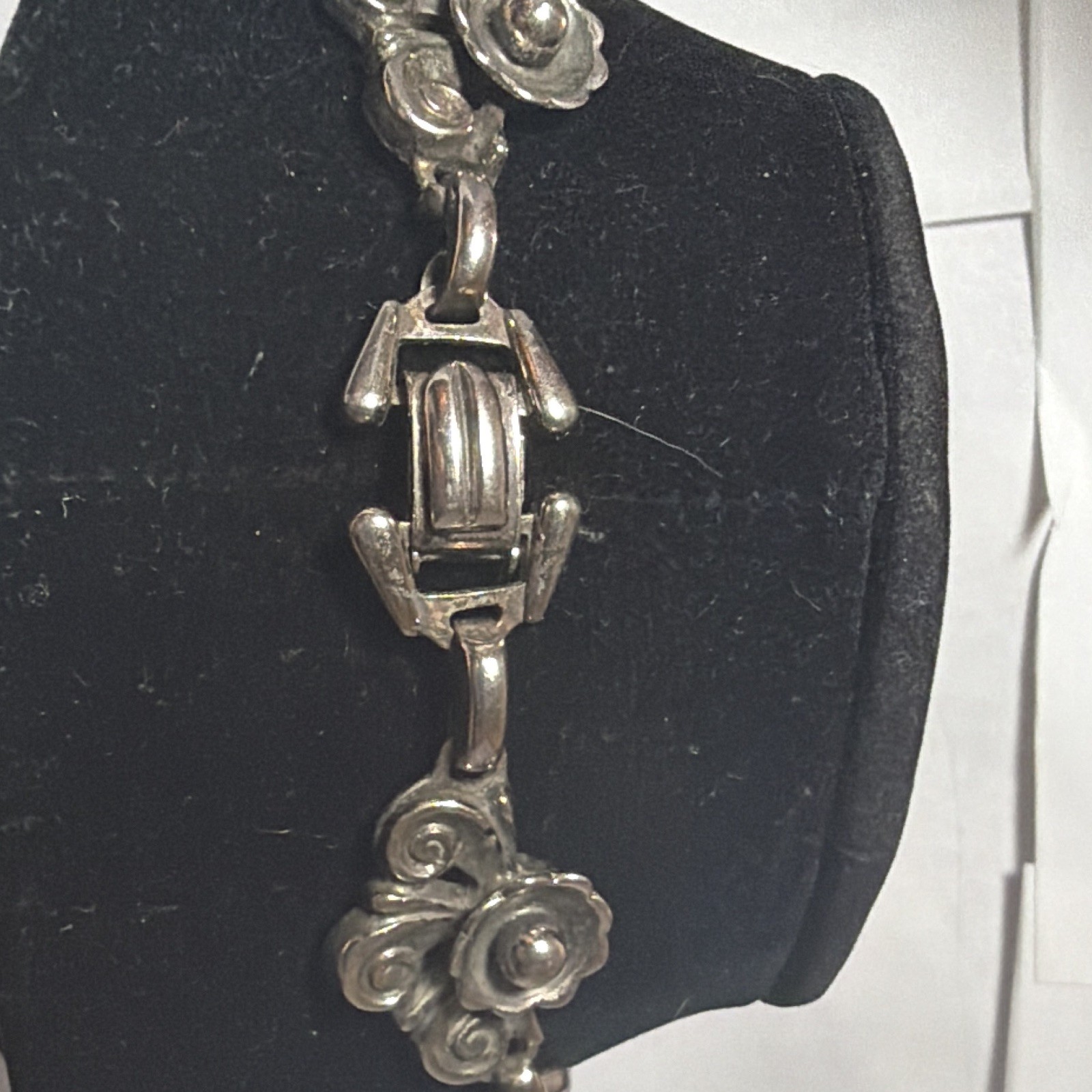 Vintage Signed Barclay Silver-Tone Floral Link Necklace Ruby Red Glass Pendant
