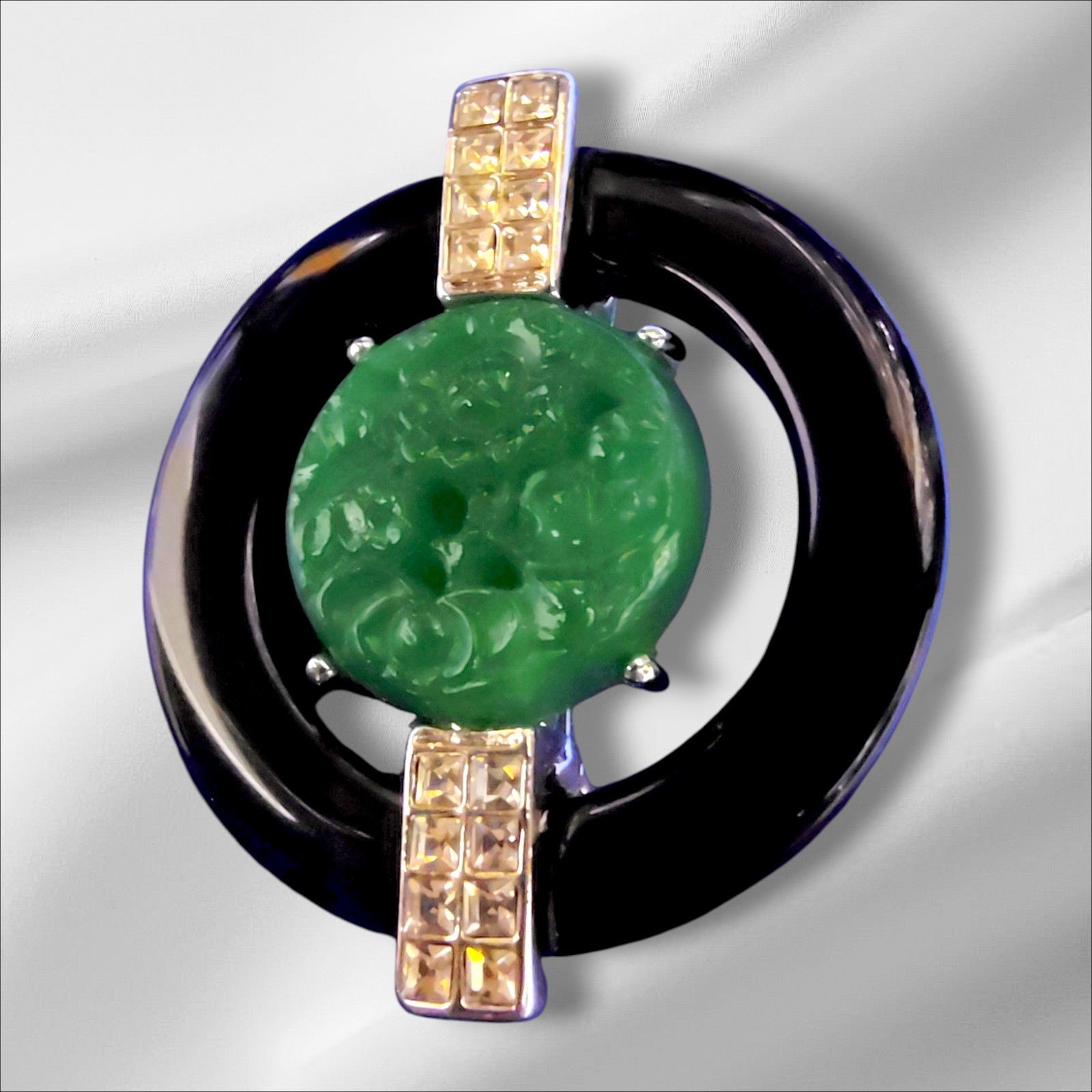 KENNETH JAY LANE Jade Limited Edition Art Deco Brooch Pin Box Cert Handsigned