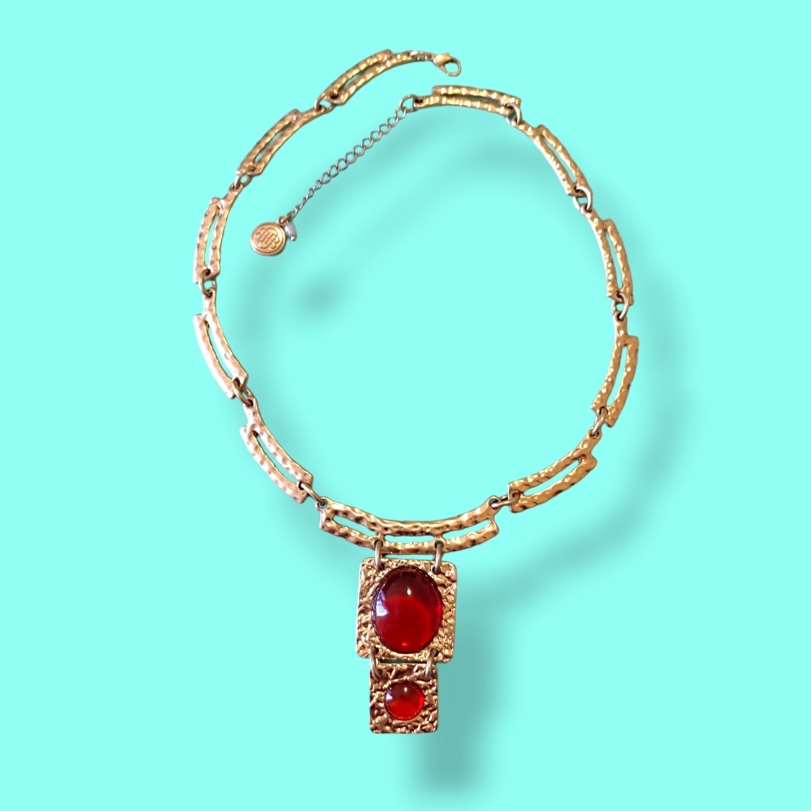 Dana Buchman Ruby Red Acrylic Statement Necklace 19in Panel Bar Link Chain