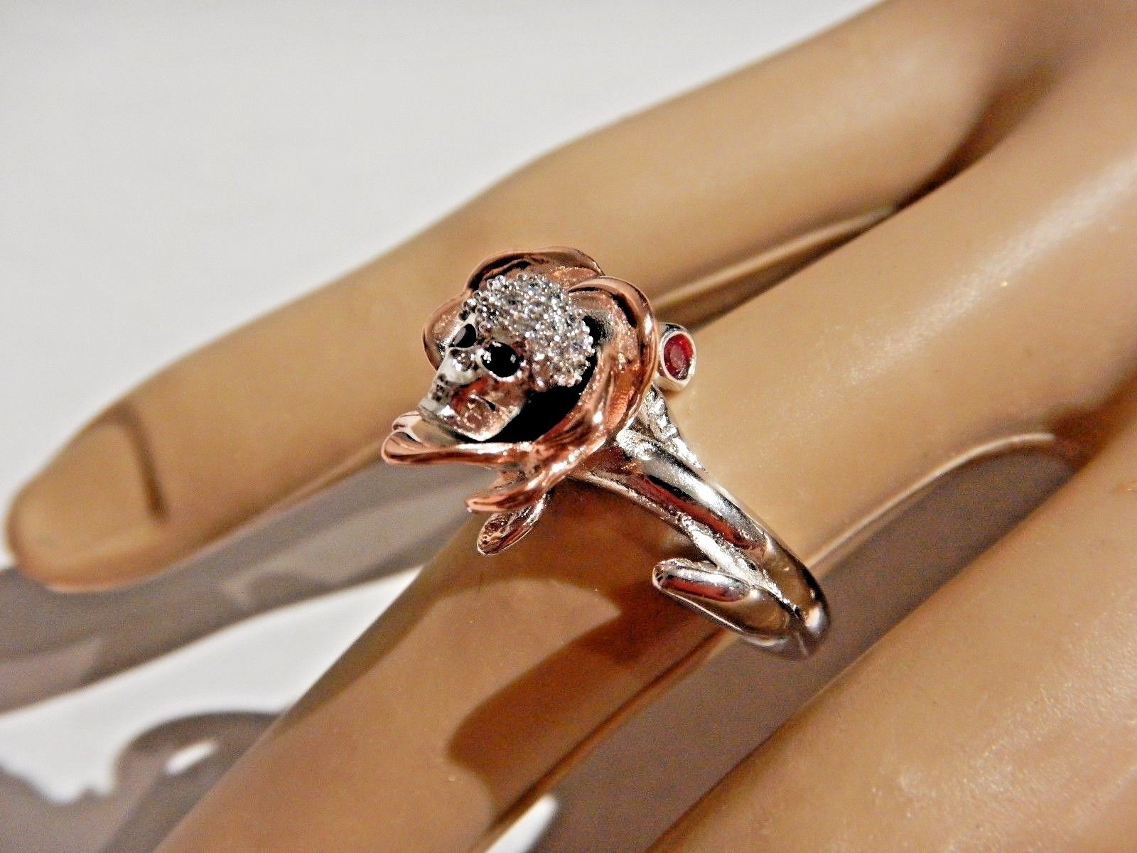 SKULL ROSE RING silver & rose gold plated glass crystal gothic death flower H5