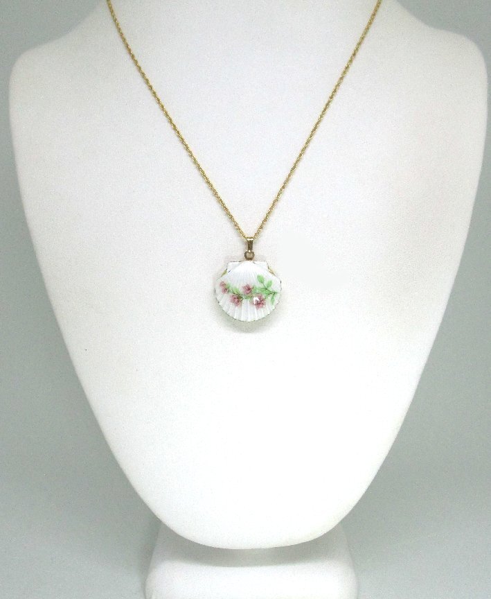 Guilloche Enamel Shell Locket Necklace 6.9 grams locket: 1 1/8” including bail