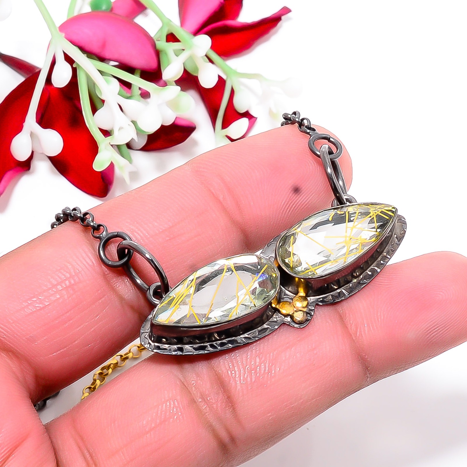 Golden Rutilated Quartz Black & Gold Rhodium 925 Silver Chain Pendant 18-22″ Cp2