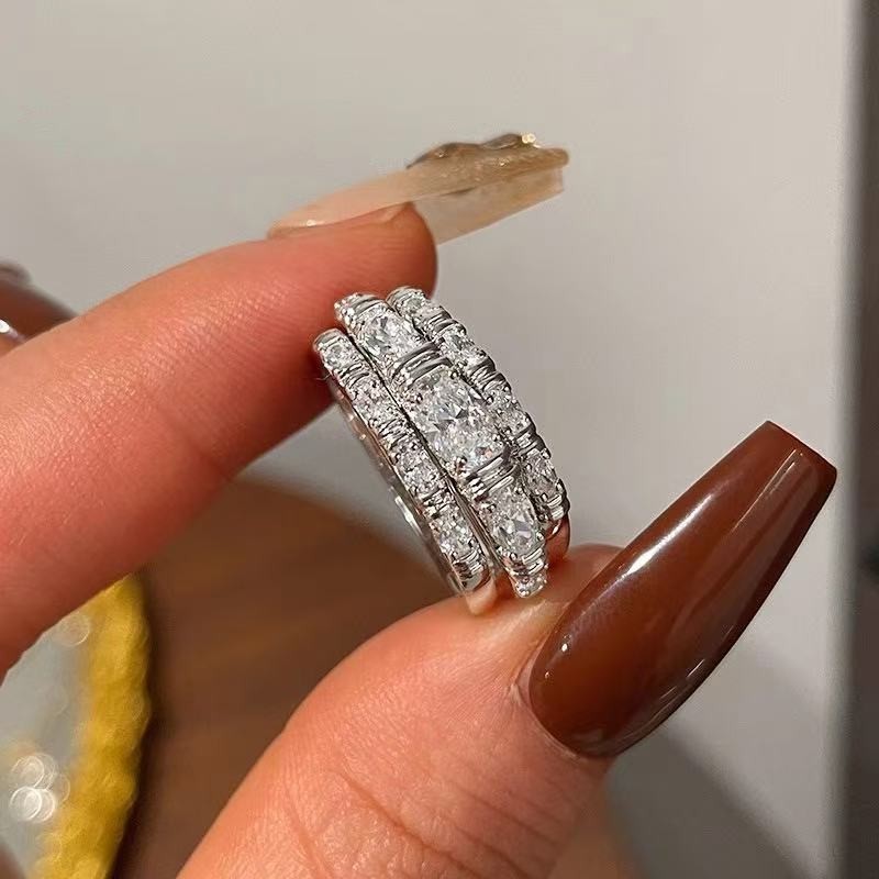 ONE SET 3PCS Fashion Woman White Plated Sparkling CZ Band Ring Sizes 6-10