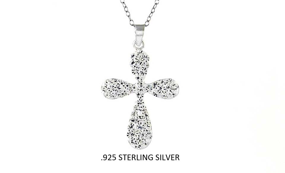 Crystal Cross Necklace Pendant 925 Sterling Silver White Sparkling Cross- Women