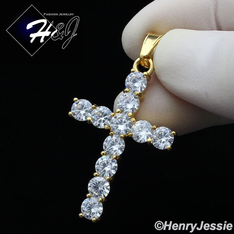 18″-36″MEN Stainless Steel 3mm Gold Plated Box Link Chain CZ Cross Pendant*127
