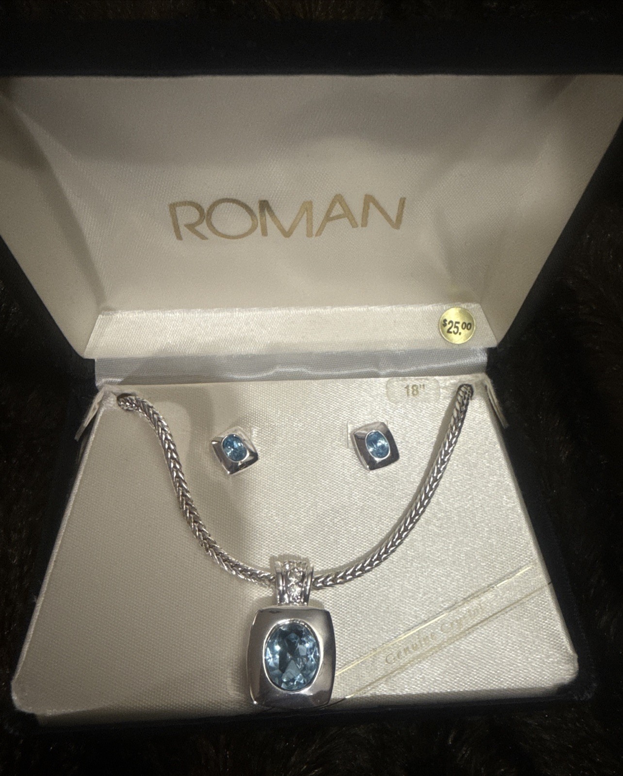 Vintage Roman Silver Tone Necklace And Pierced Earring Set Genuine Crystal NIB