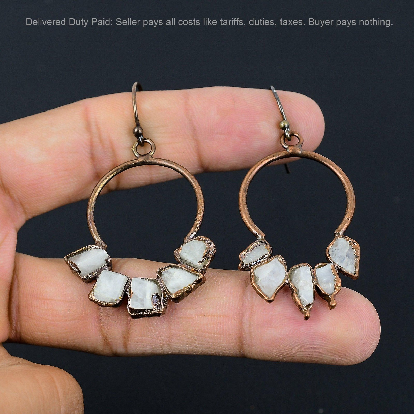 Copper Pentagon Natural Rainbow Moonstone Rough Drop Electroformed Wife Earrings